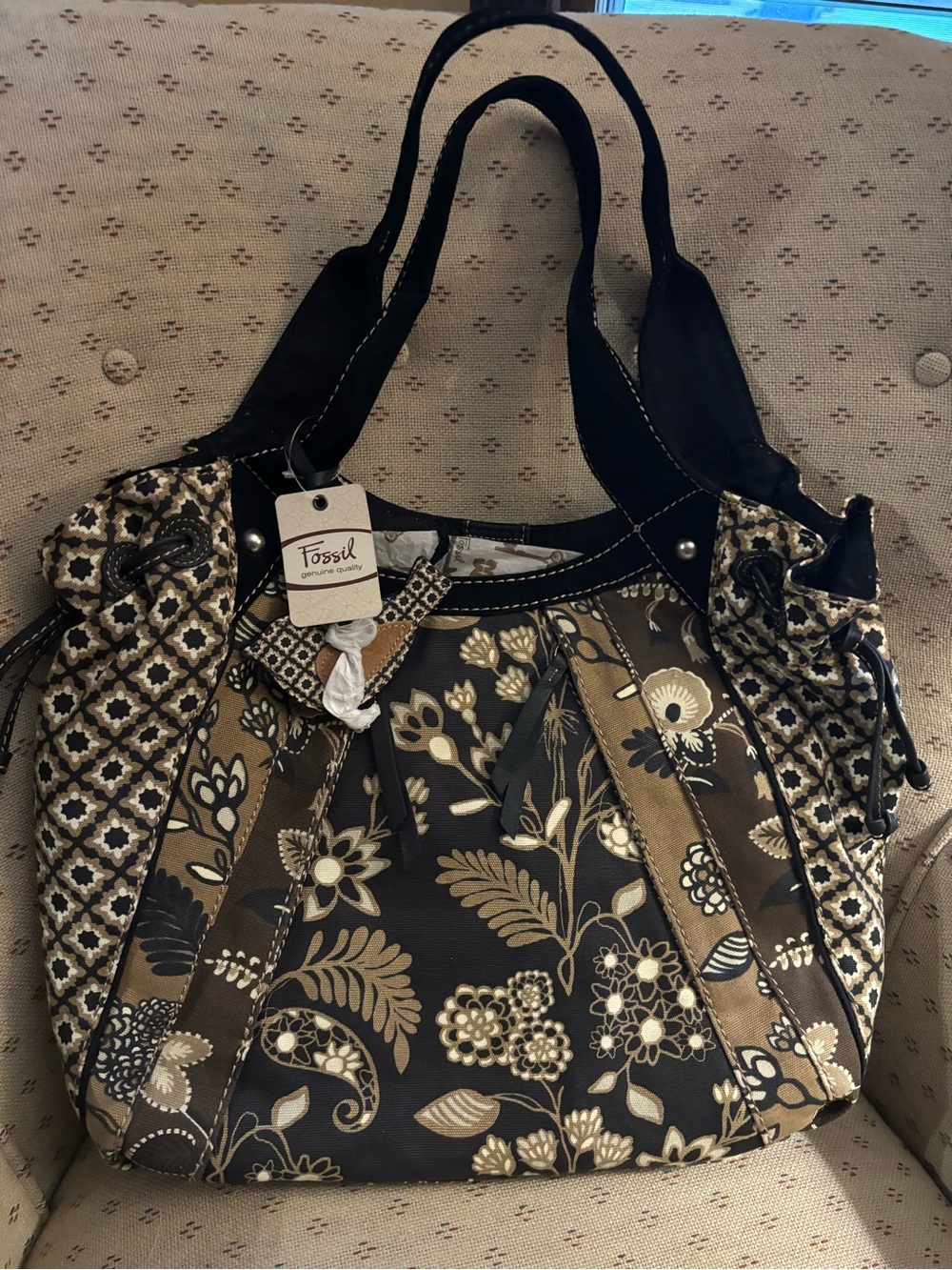 Fossil Black and Brown Floral Quilted Tote